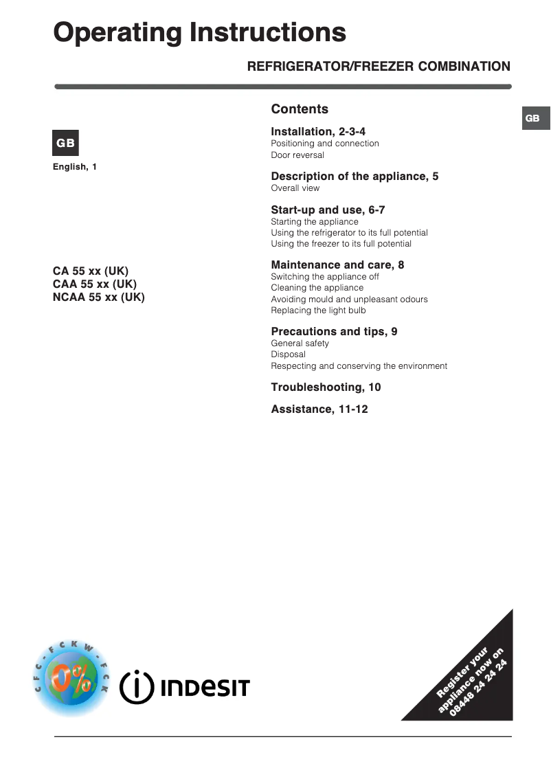 Page 1 de la notice Manuel utilisateur Indesit NCAA 55 K UK