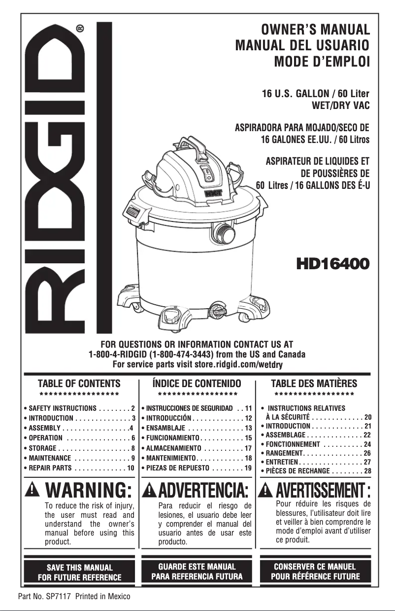 Página 1 del manual Manual de usuario Ridgid HD1640