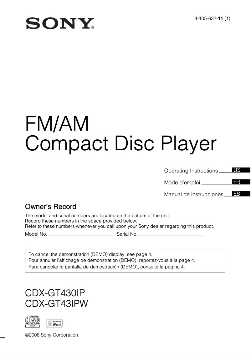 Page n°1 - Manuel utilisateur Sony CDX-GT43IPW