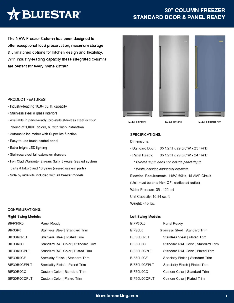 Página 1 del manual Ficha técnica BlueStar BIF30R0