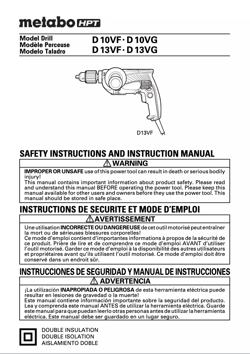 Page 1 de la notice Manuel utilisateur Metabo D13VF
