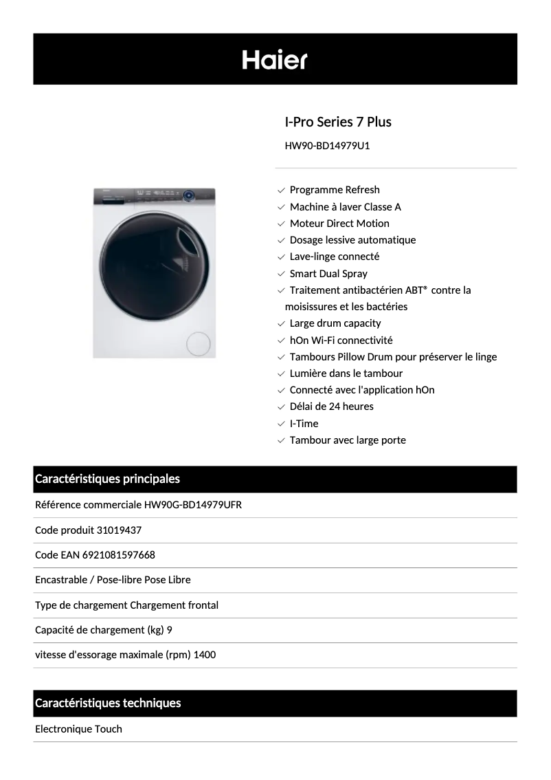 Page 1 de la notice Fiche technique Haier HW100-B14979
