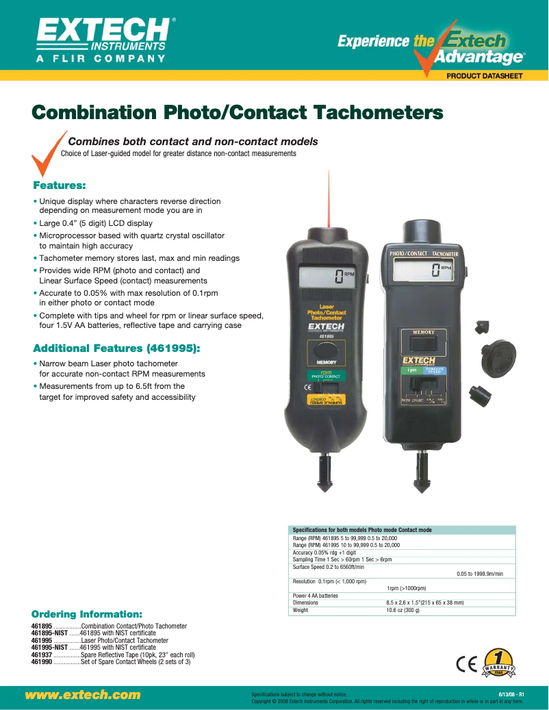 Page 1 of the manual Technical Sheet Extech 461995