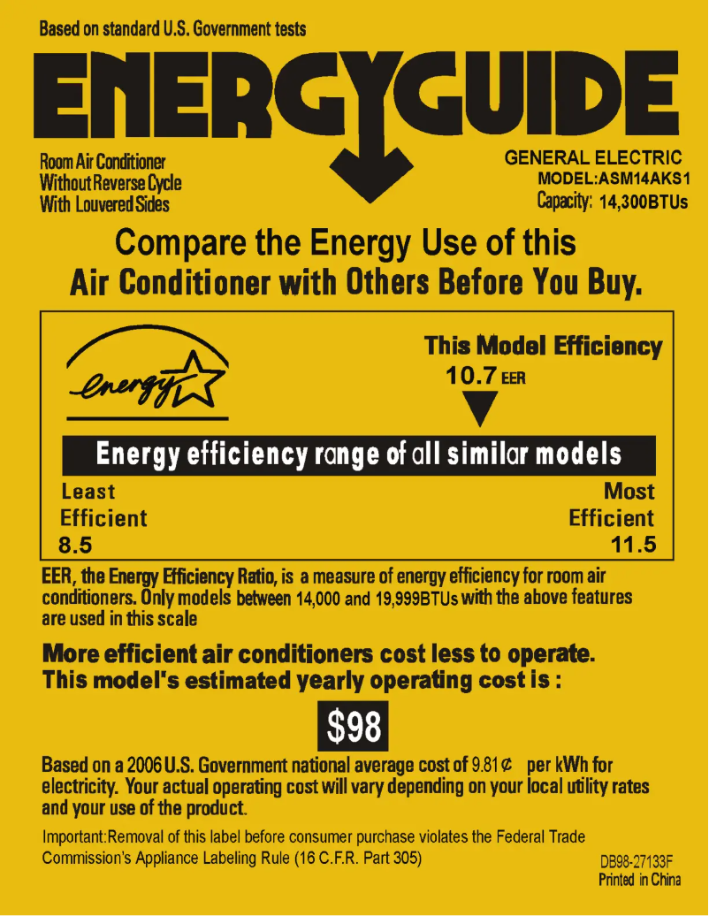Page 1 de la notice Label énergétique GE ASM14AK