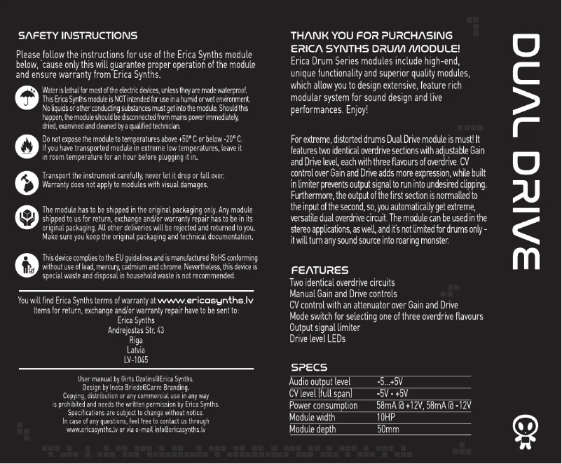 Page 1 de la notice Manuel utilisateur Erica Synths Dual Drive