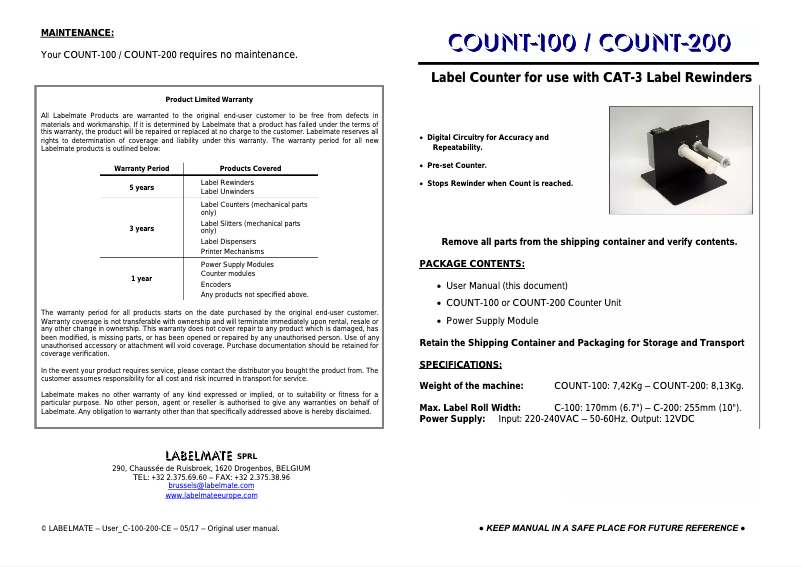 Page 1 de la notice Manuel utilisateur Labelmate Count-100