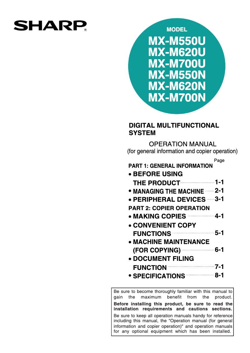 Image de la première page du manuel de l'appareil MX-M620U