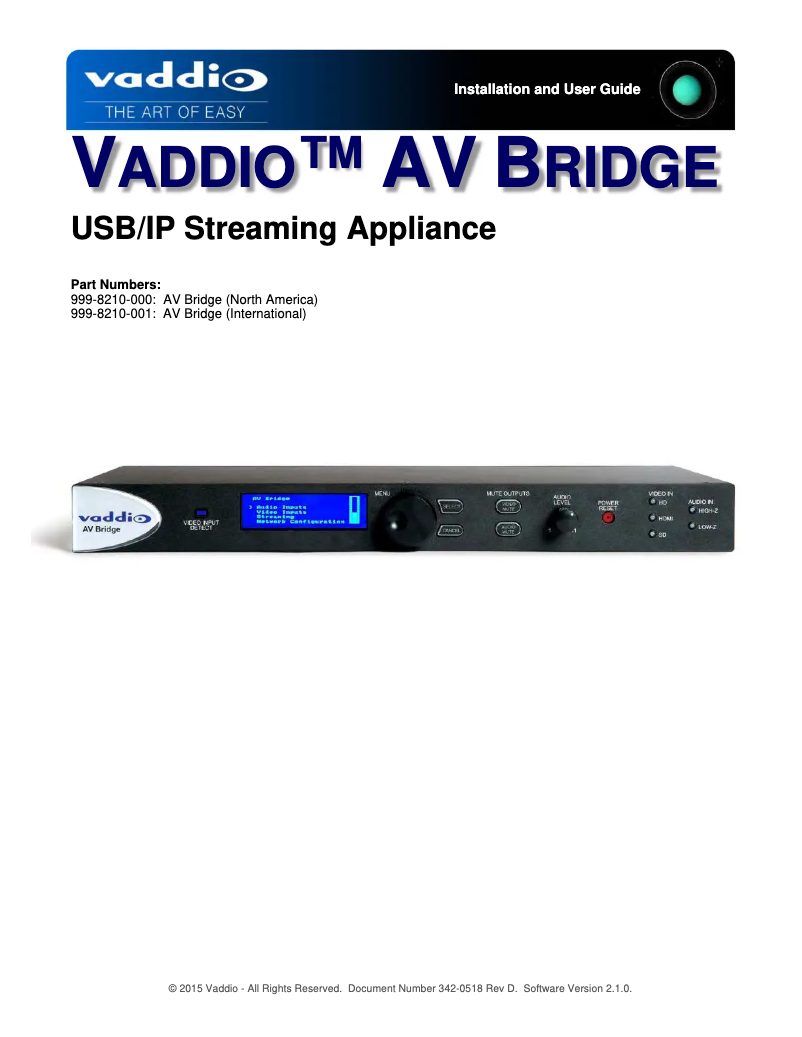 Page 1 de la notice Manuel utilisateur Vaddio AV Bridge