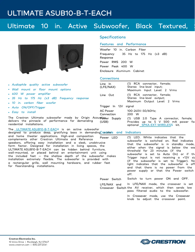 Page n°1 - Fiche technique Crestron ULTIMATE ASUB10-B-T-EACH