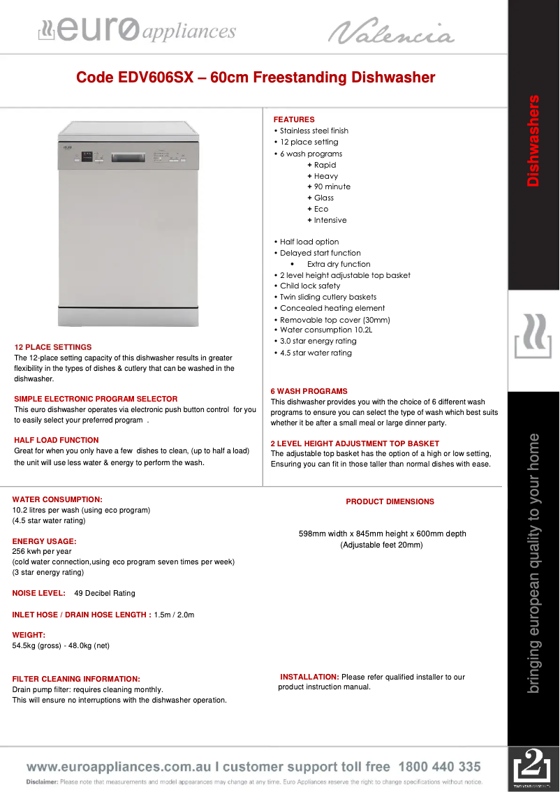 Page n°1 - Fiche technique Euro Appliances EDV606SX