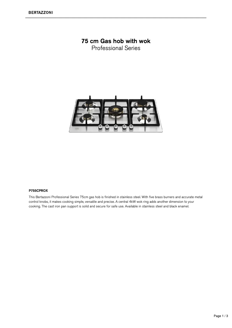 Page 1 de la notice Fiche technique Bertazzoni P755CPROX