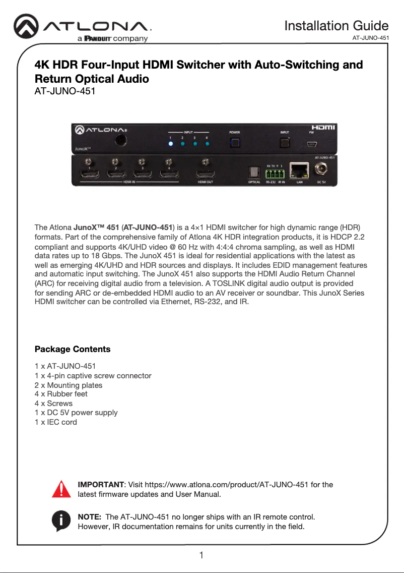 Page n°1 - Guide d'installation Atlona AT-JUNO-451