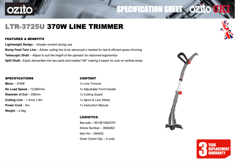 Página 1 del manual Ficha técnica Ozito LTR-3725U