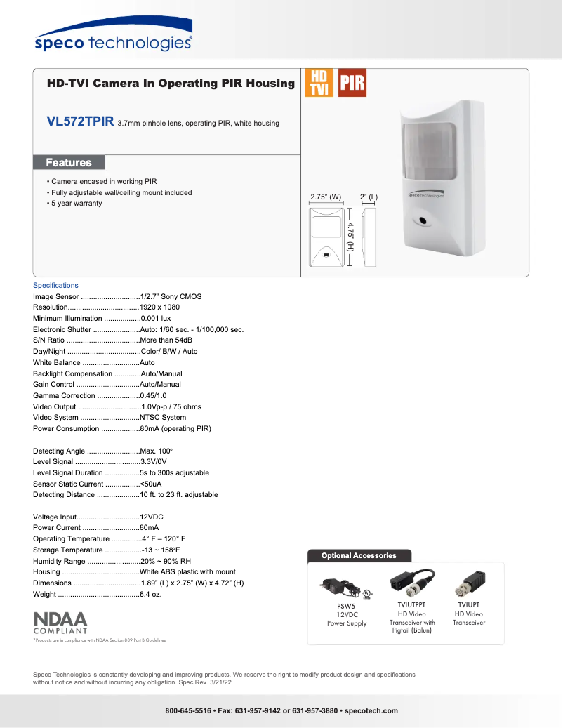 Page n°1 - Fiche technique Speco Technologies VL572TPIR