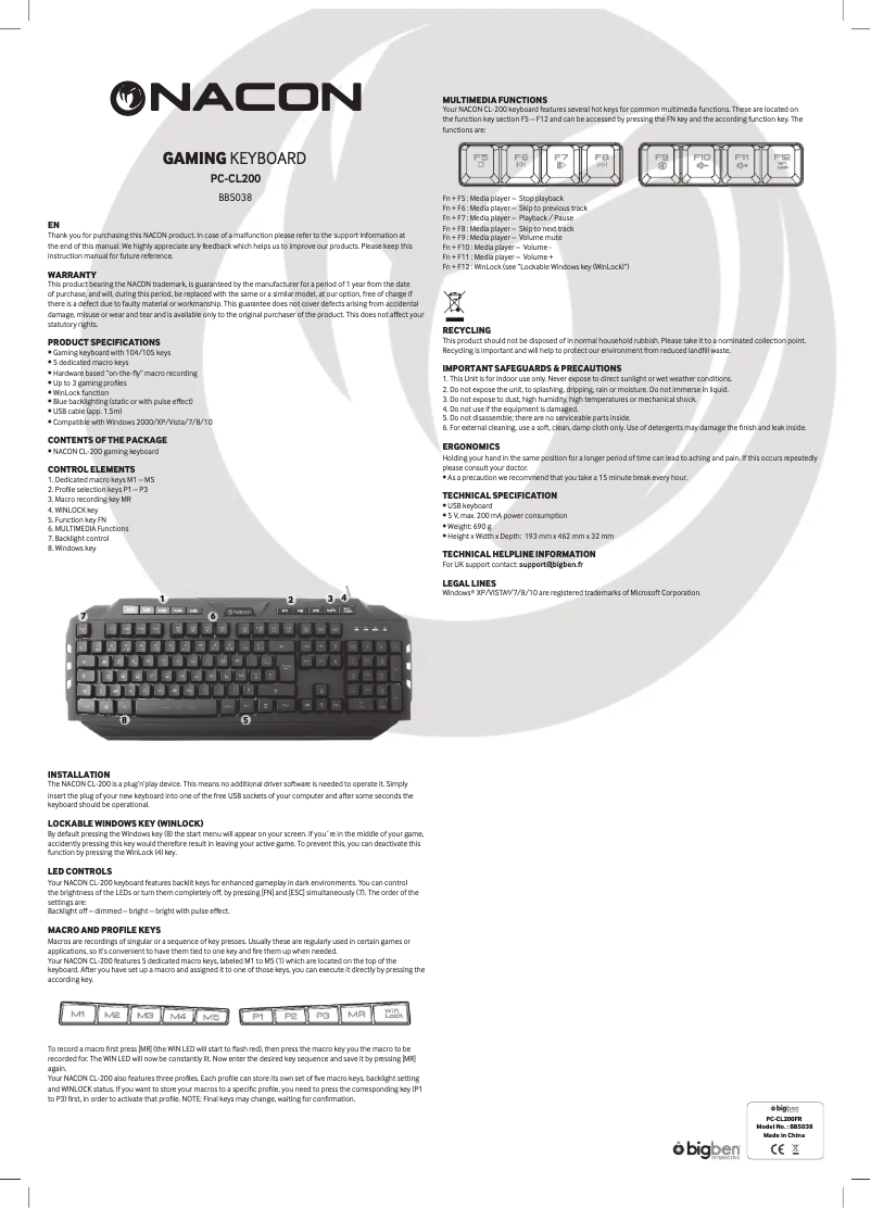 Page n°1 - Manuel utilisateur NACON PCCL-200BE
