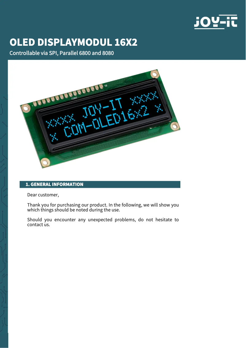 Page n°1 - Manuel utilisateur Joy-It COM-OLED16x2
