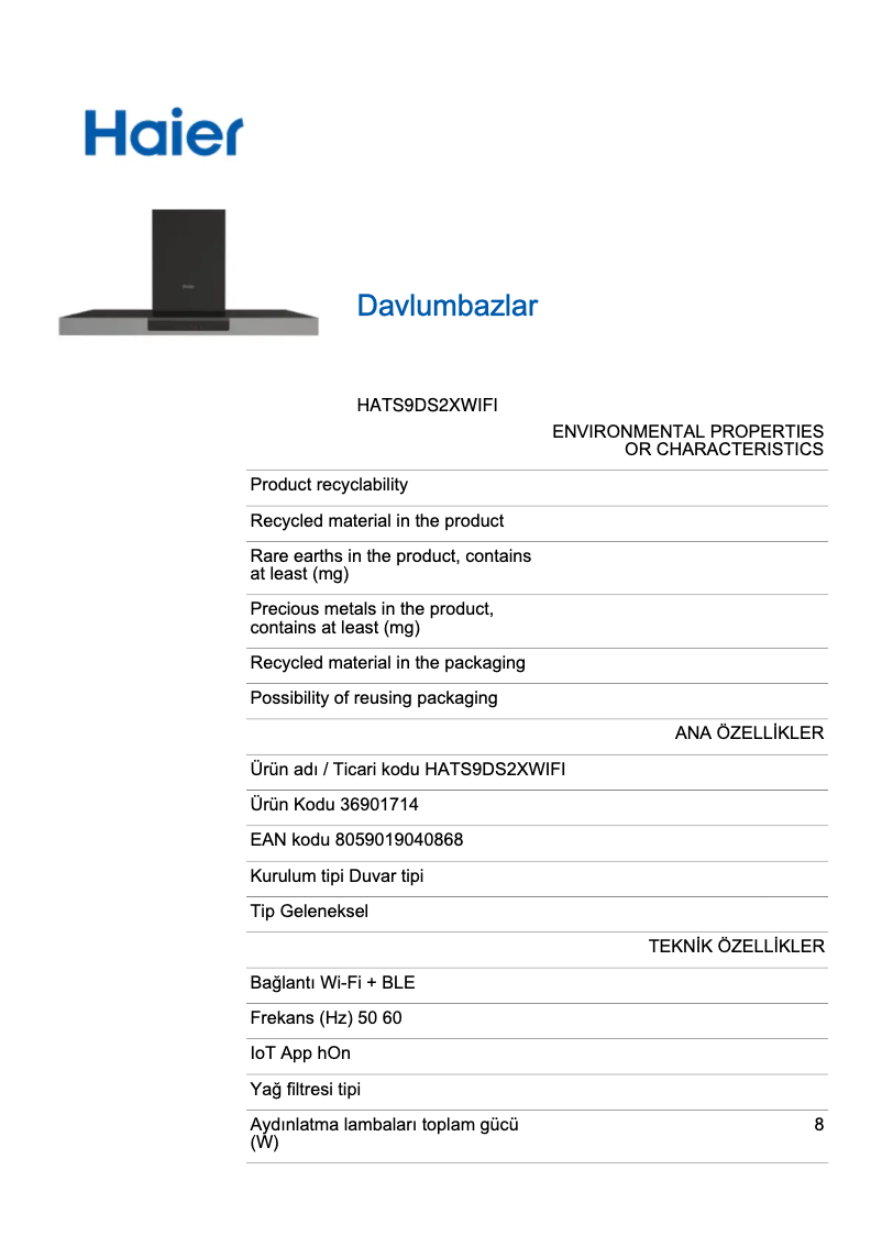 Page 1 de la notice Fiche technique Haier HATS9DS2XWIFI