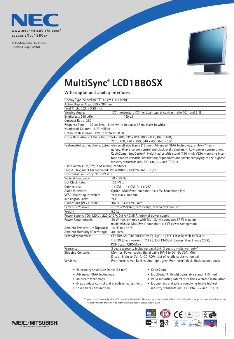 Page 1 de la notice Fiche technique NEC MultiSync LCD1880SXBK
