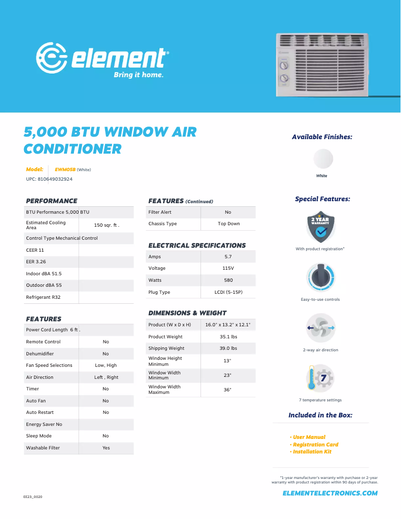 Page 1 de la notice Fiche technique Element EWM05B
