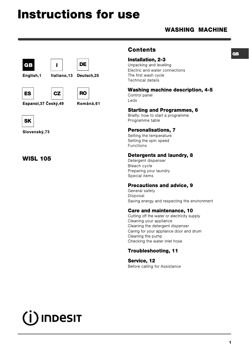 Page 1 de la notice Manuel utilisateur Indesit WISL 105 (EX).1