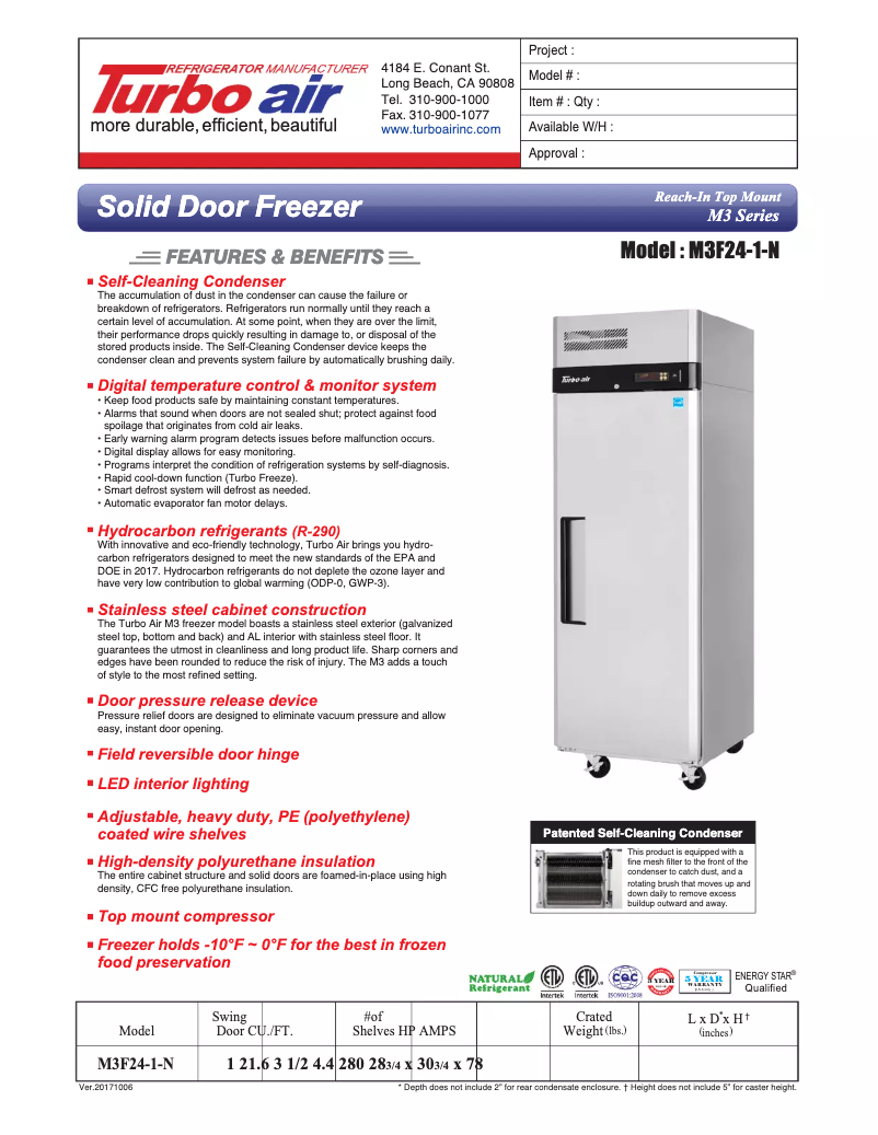 Page 1 de la notice Fiche technique Turbo air M3F24-1