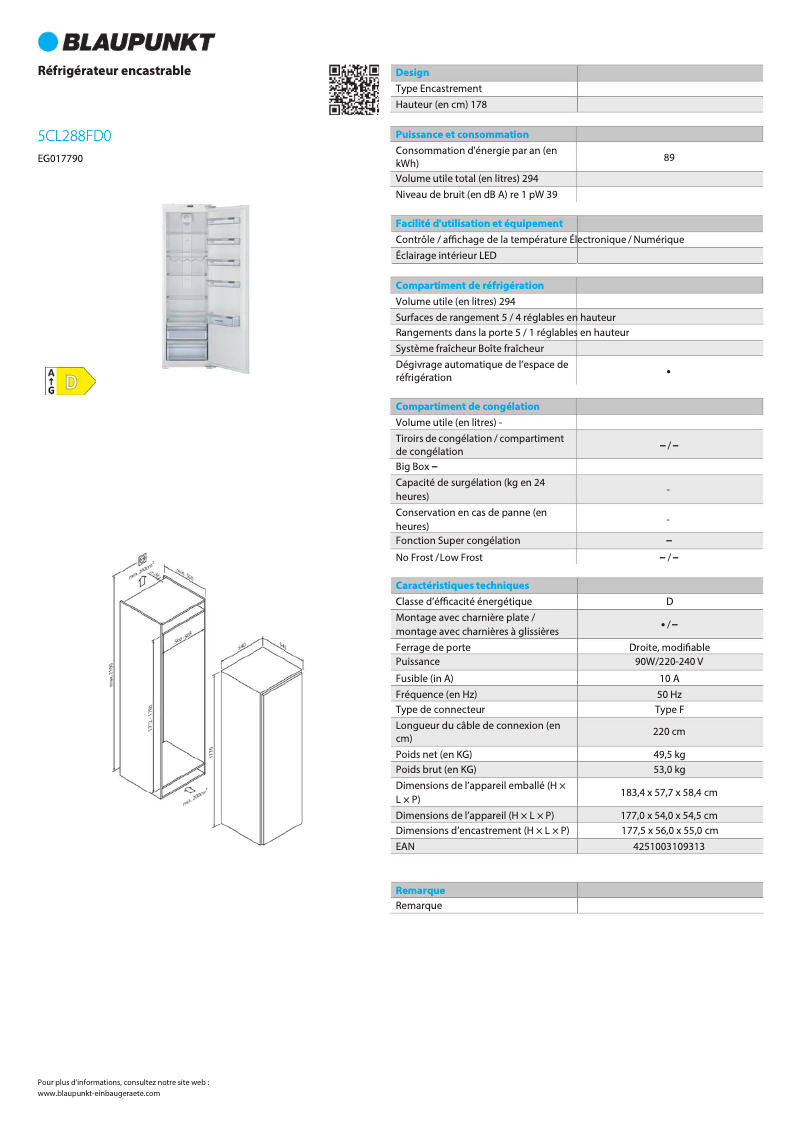 Page n°1 - Fiche technique Blaupunkt 5CL288FD0