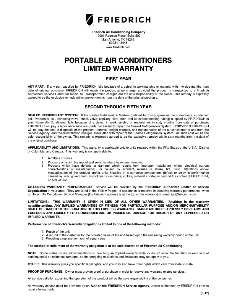 Page 1 de la notice Informations de garantie Friedrich ZCP12DB