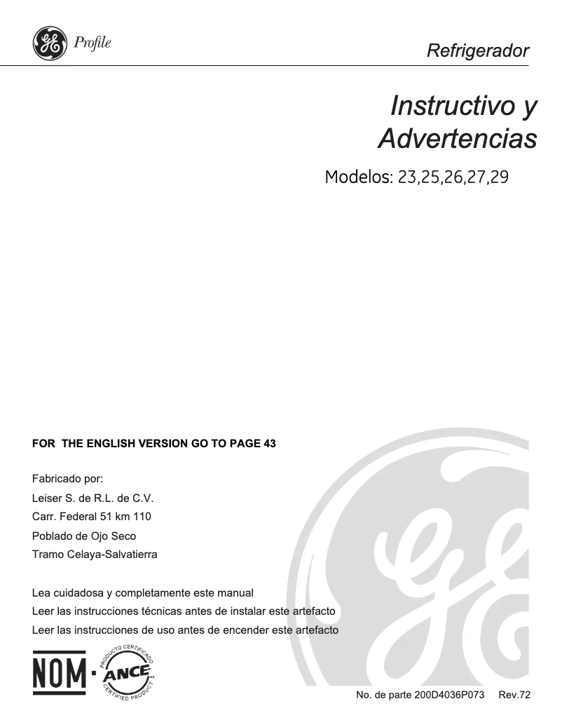 Page n°1 - Manuel utilisateur GE PKPS5MFGDSS