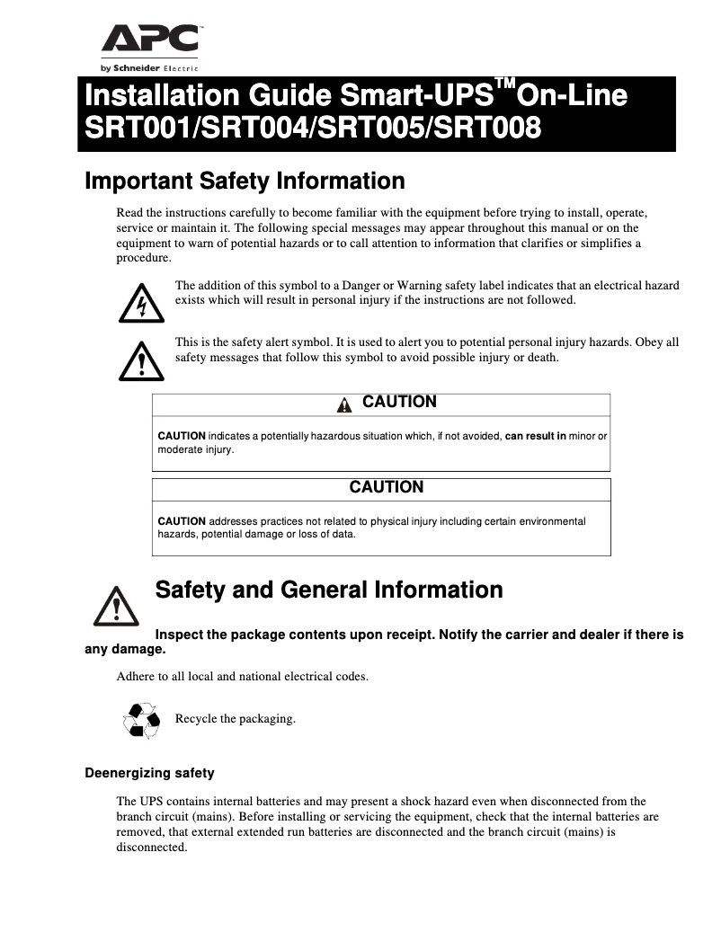 Page n°1 - Manuel utilisateur APC Smart-UPS SRT004