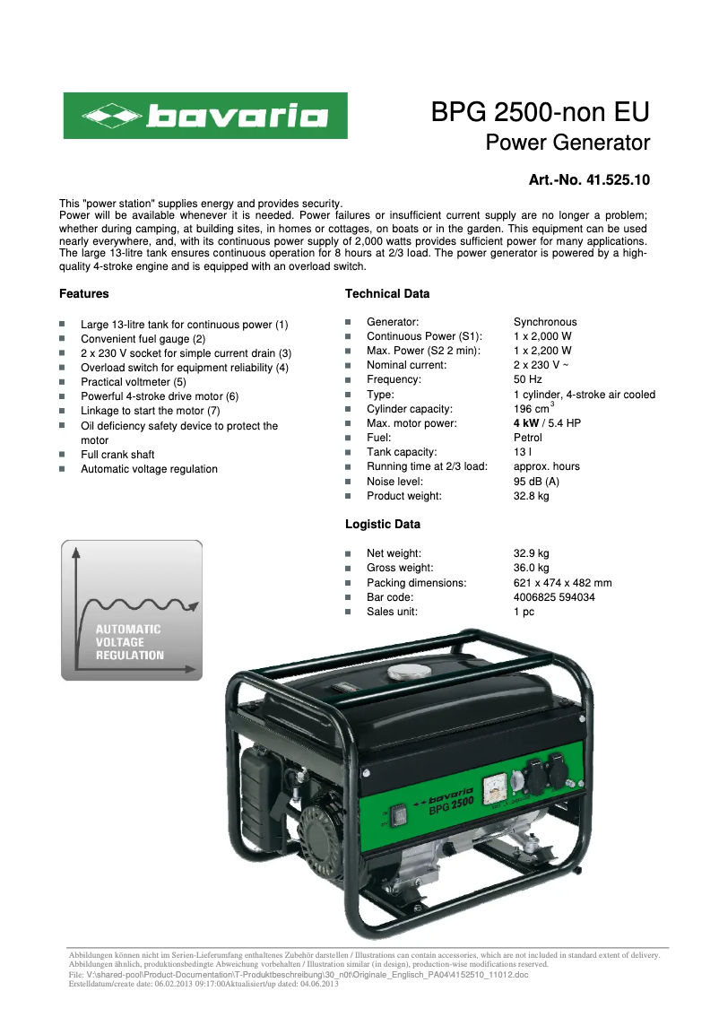 Page 1 de la notice Manuel utilisateur Bavaria BPG 2500