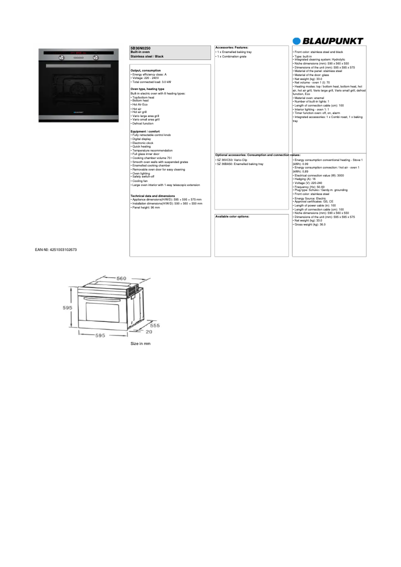Page n°1 - Fiche technique Blaupunkt 5B36N 0250