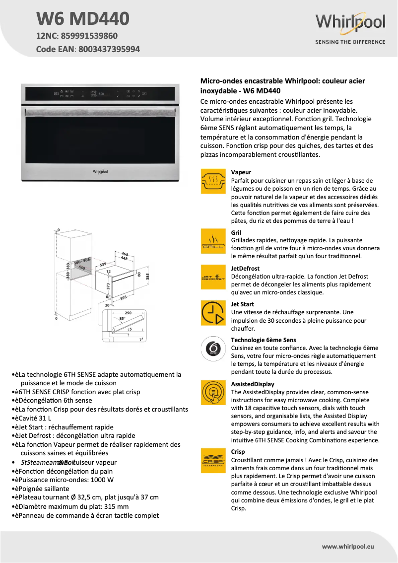 Page 1 de la notice Fiche technique Whirlpool W6 MD440