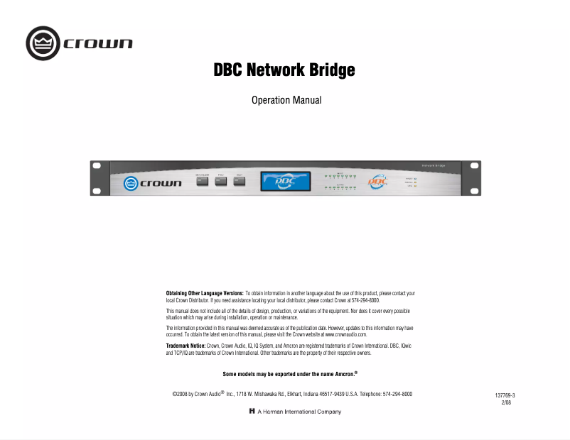 Página 1 del manual Manual de usuario Crown DBC Network Bridge