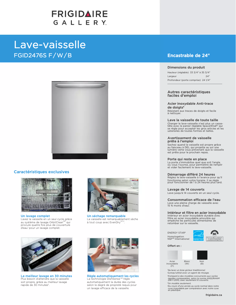 Page 1 de la notice Fiche technique Frigidaire FGID2476SF