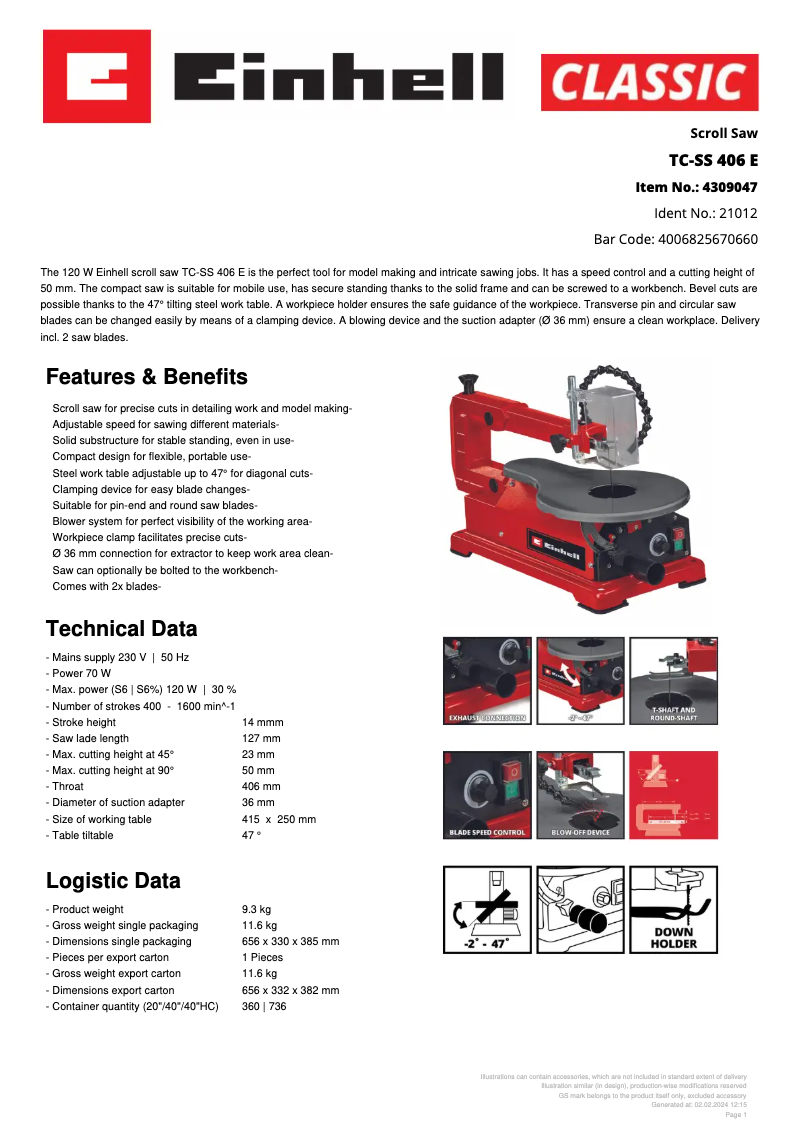 Page 1 de la notice Fiche technique Einhell TC-SS 406 E
