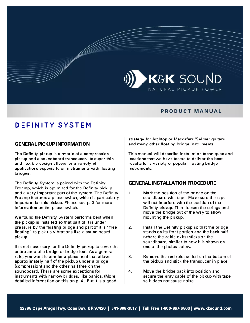 Page 1 de la notice Manuel utilisateur K&K Sound Definity System