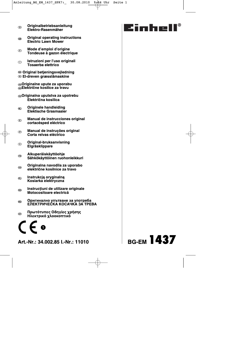 Page n°1 - Manuel utilisateur Einhell BG-EM 1437