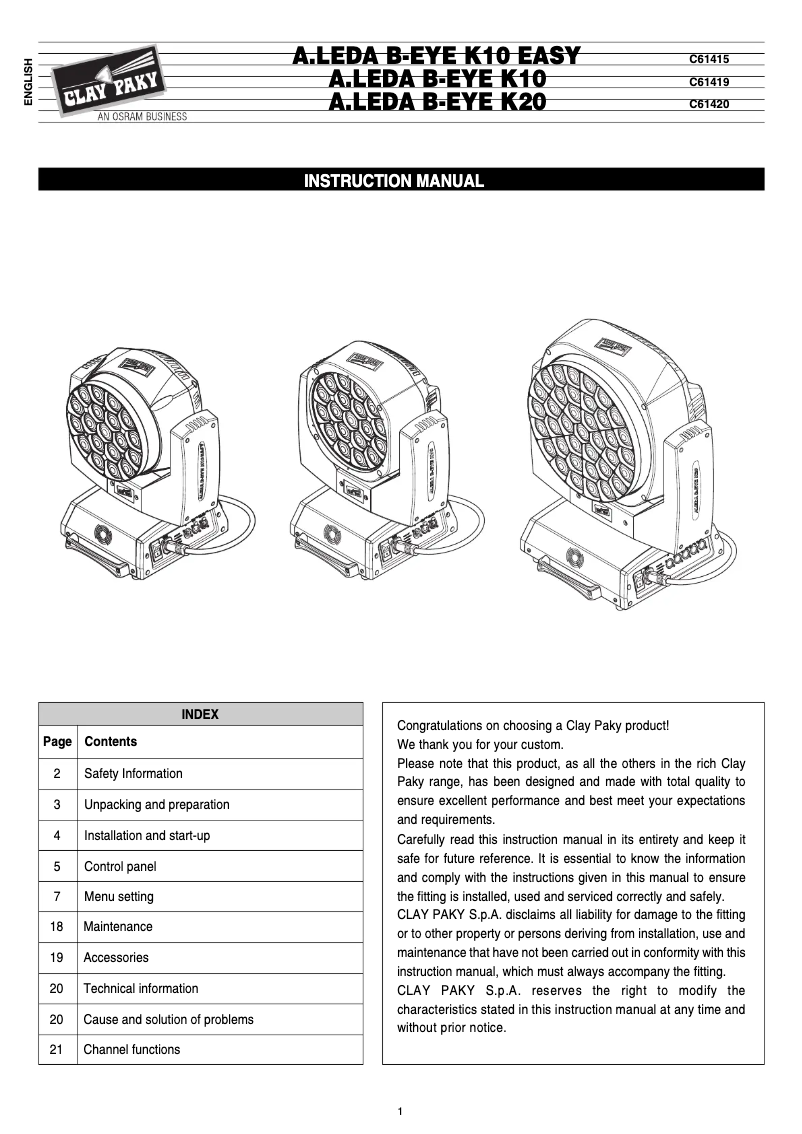Page n°1 - Manuel utilisateur Claypaky A.Leda B-Eye K20