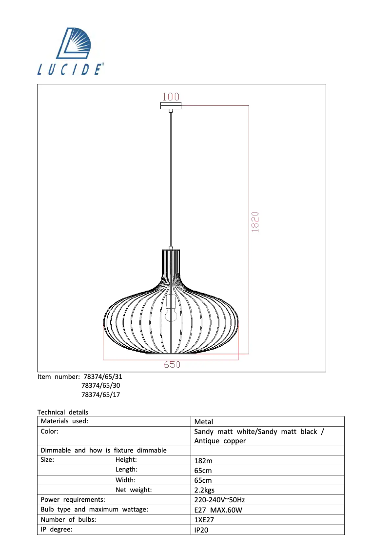 Page 1 de la notice Manuel utilisateur Lucide Manuela 78374/65/30