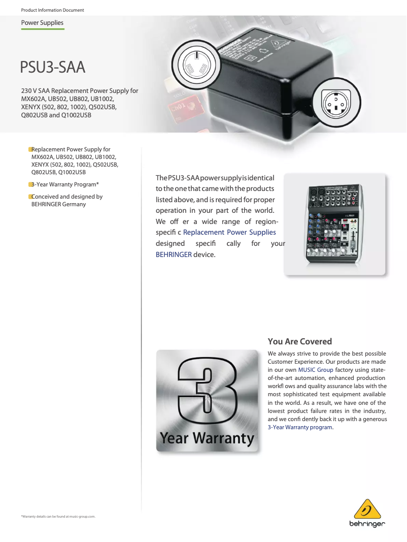 Page n°1 - Manuel utilisateur Behringer PSU3-SAA