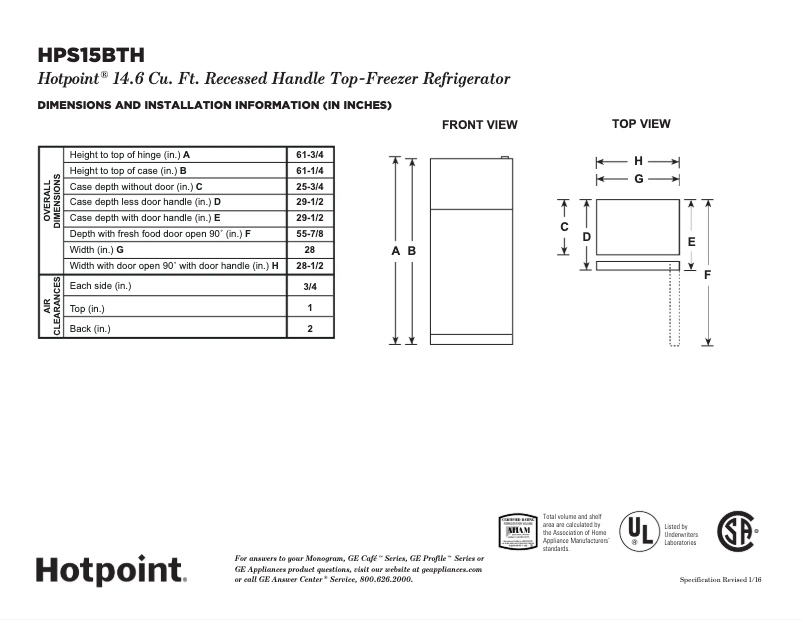 Page n°1 - Fiche technique Hotpoint HPS15BTHRWW