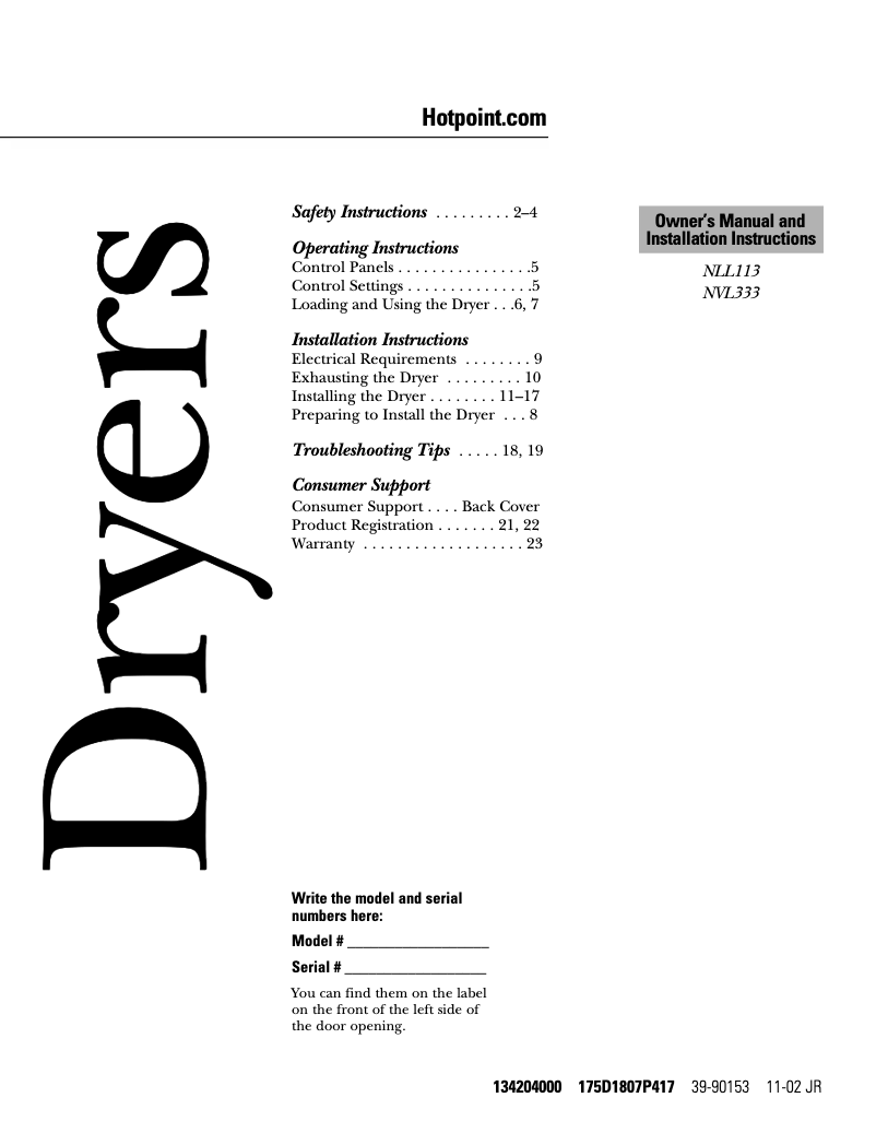 Page n°1 - Manuel d'utilisation et d'entretien Hotpoint NLLR113ETWO