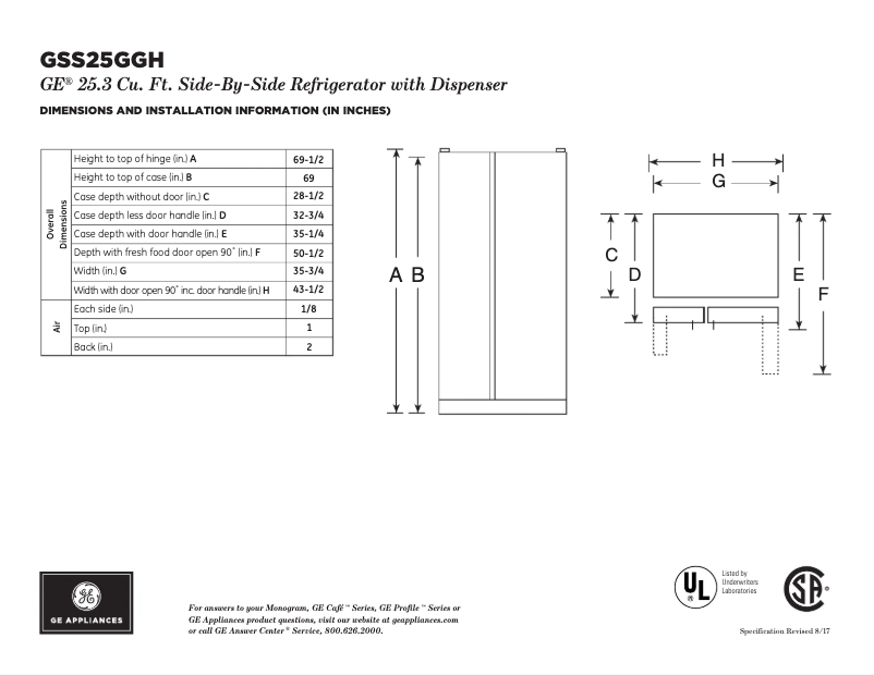 Page n°1 - Fiche technique GE GSS25GGHWW