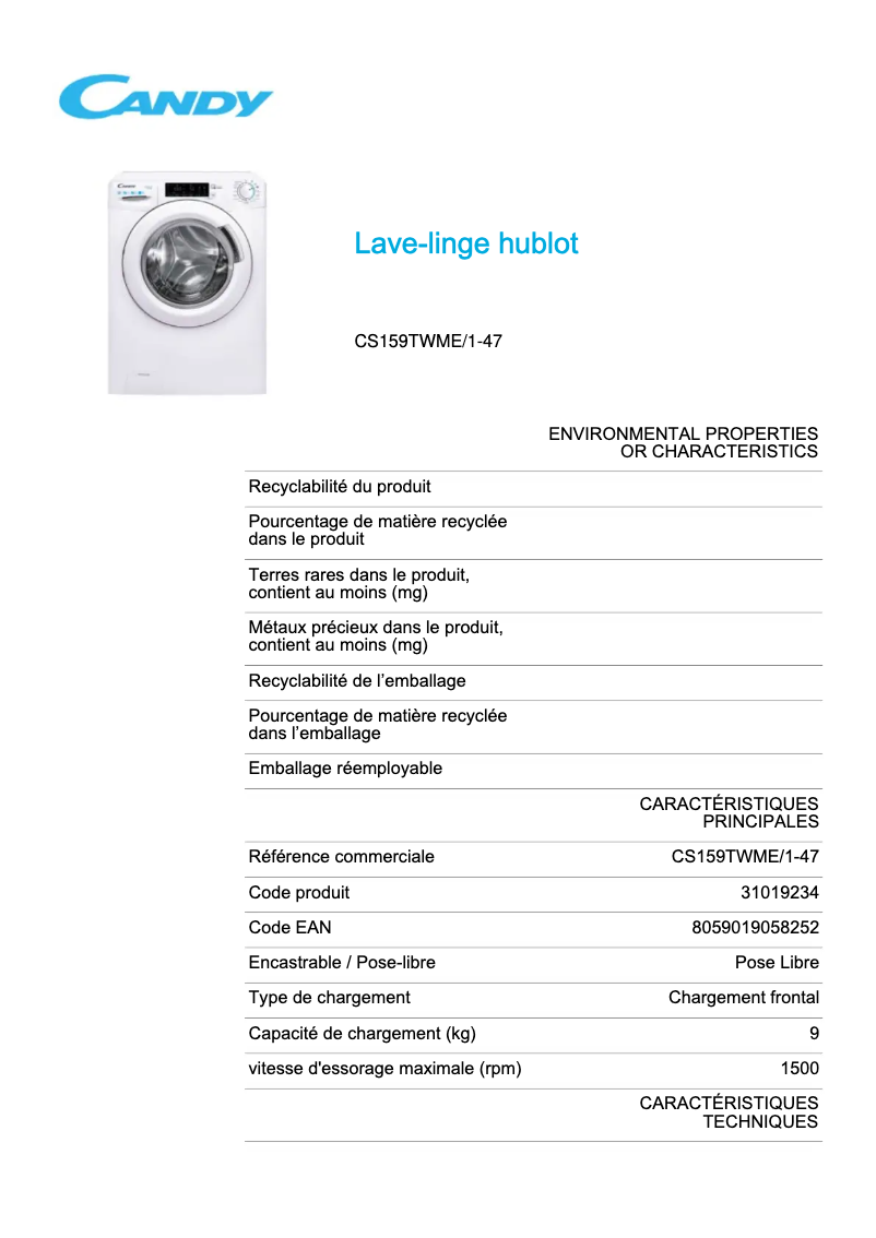 Page 1 de la notice Fiche technique Candy CS159TWME/1-47