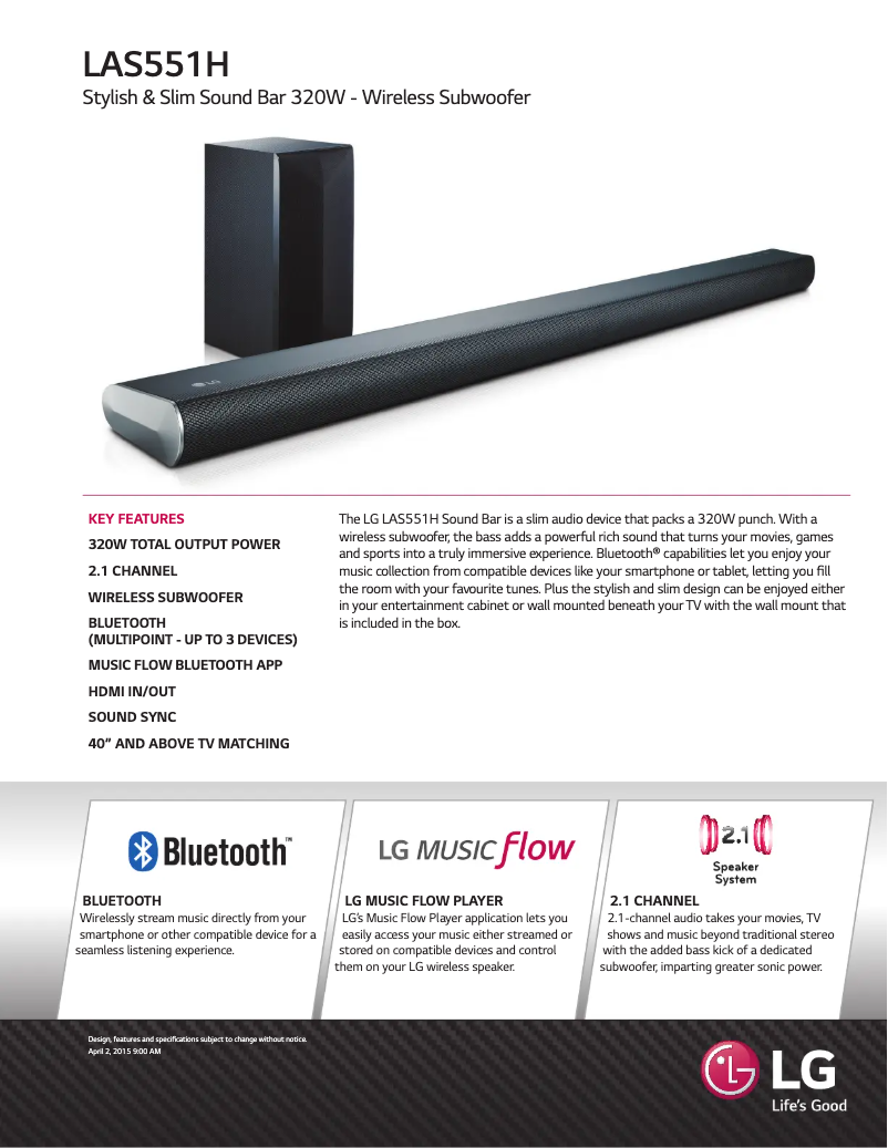 Page 1 de la notice Fiche technique LG LAS551H