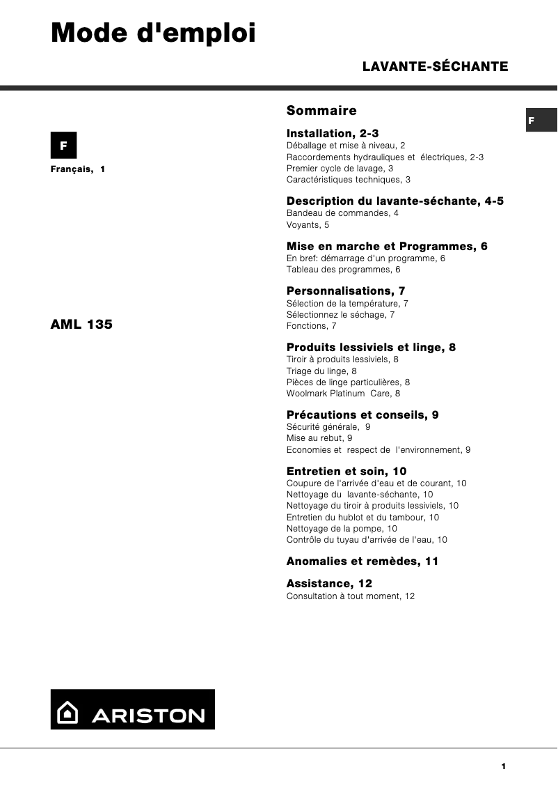 Image de la première page du manuel de l'appareil AML135