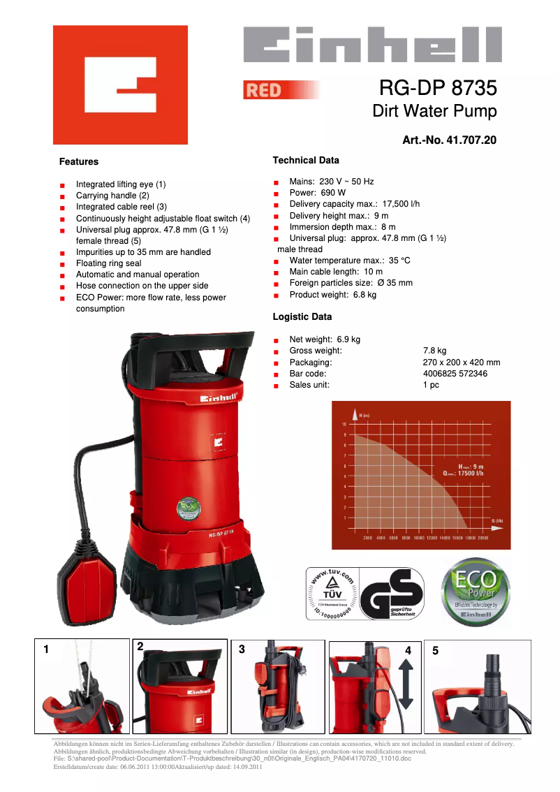 Page 1 de la notice Fiche technique Einhell GE-DP 6935 ECO