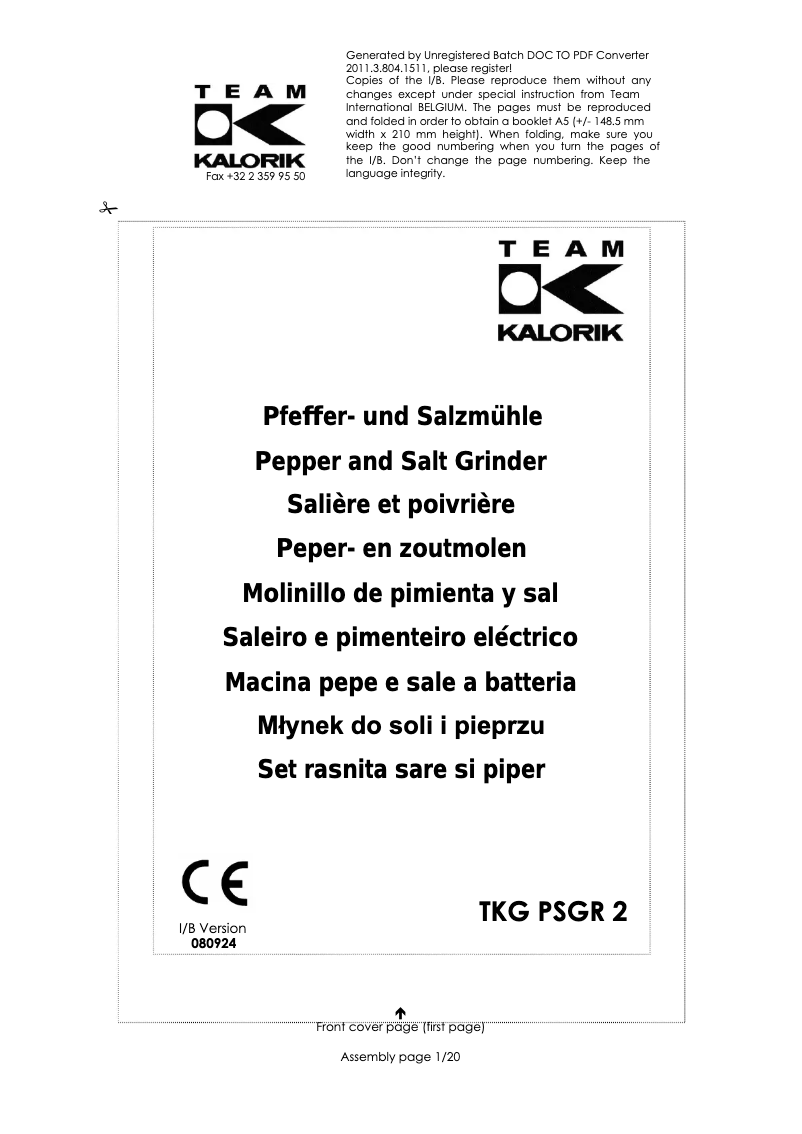 Page n°1 - Manuel utilisateur Kalorik TKG PSGR 2