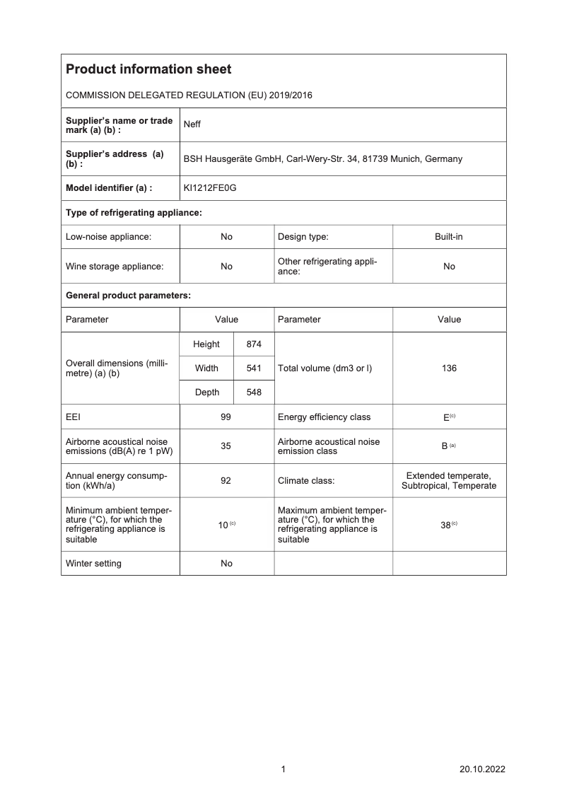 Page n°1 - Fiche technique Neff KI1212FE0G