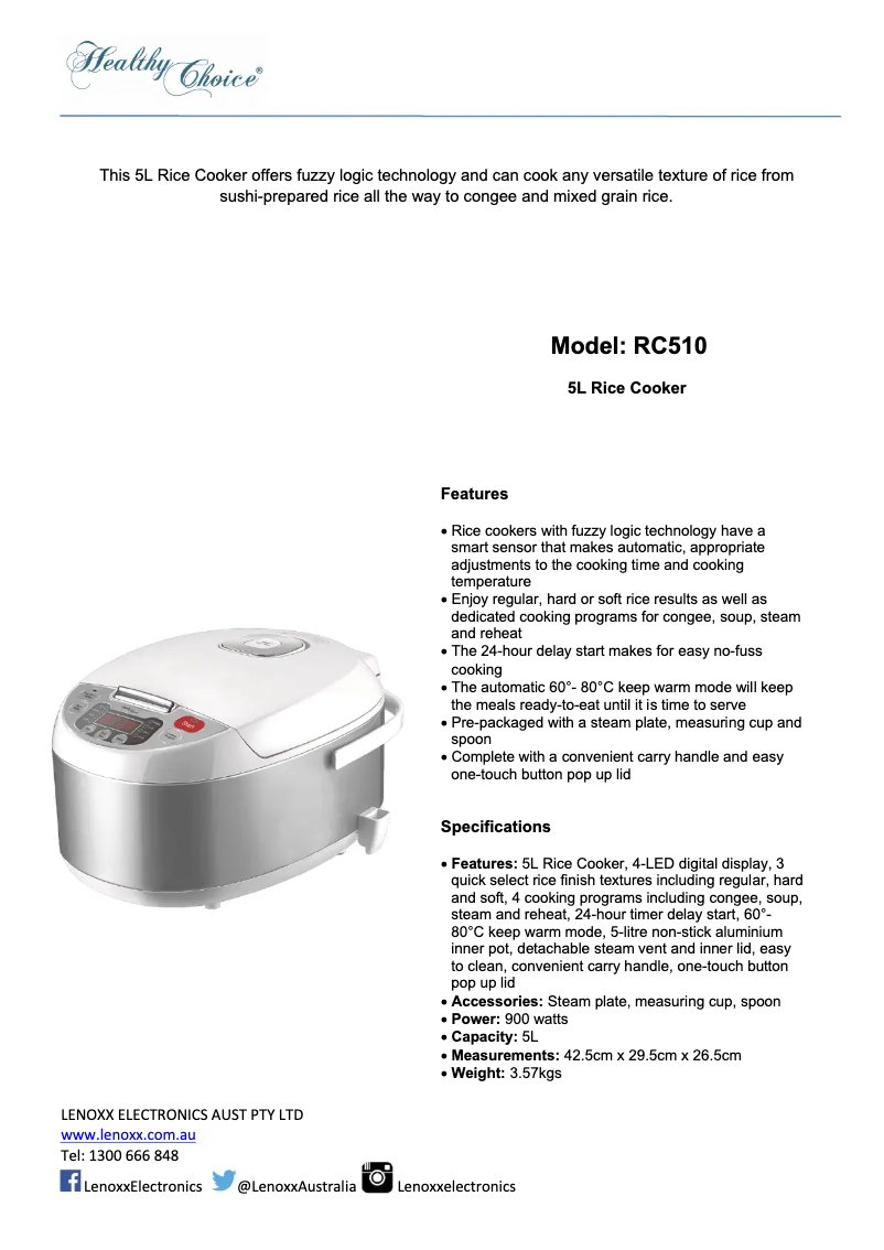 Page n°1 - Fiche technique Healthy Choice RC510